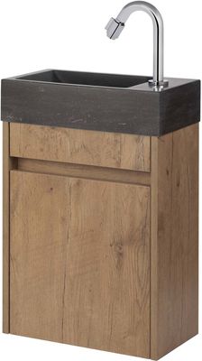 Saqu Florence fonteinmeubel in Wild eiken met natuurstenen fontein en chromen fonteinkraan met C-uitloop rechts 40x22x60cm Saqu Florence fonteinmeubel in Wild eiken met natuurstenen fontein en chromen fonteinkraan met C-uitloop rechts 40x22x60cm