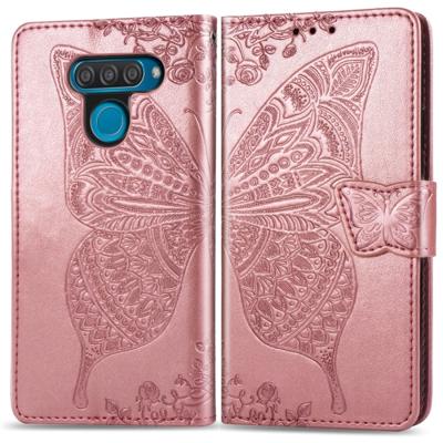 Butterfly Love bloemen reliëf horizontale Flip lederen case voor LG q60 met houder & kaartsleuven & portemonnee & Lanyard (Rose goud)