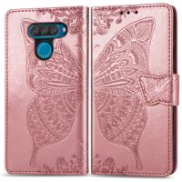 Butterfly Love bloemen reliëf horizontale Flip lederen case voor LG q60 met houder & kaartsleuven & portemonnee & Lanyard (Rose goud)