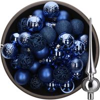 37x stuks kunststof kerstballen 6 cm kobalt blauw incl. glazen piek glans zilver - Kerstbal