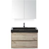 Dante Badmeubelset 80 cm - Craft Oak - Wastafel Hardsteen Wit Lucca met Spiegelkast