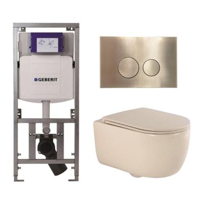 QeramiQ Dely Swirl Toiletset - 36.3x51.7cm - Geberit UP320 Burda inbouwreservoir -slim zitting - geborsteld messing bedieningsplaat - ronde knoppen - beige 0701131/SW706200/SW1000770/SW1026259