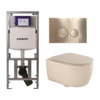 QeramiQ Dely Swirl Toiletset - 36.3x51.7cm - Geberit UP320 Burda inbouwreservoir -slim zitting - geborsteld messing bedieningsplaat - ronde knoppen - beige 0701131/SW706200/SW1000770/SW1026259