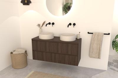 Dunkel Eiche Badmöbel Nila 120 cm - Riffelfront mit 4 Softclose-Schubladen