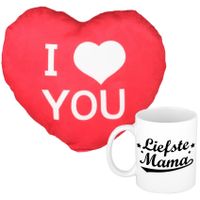 Liefste mama mok/beker 300 ml incl. sierkussentje hart vorm 15 cm