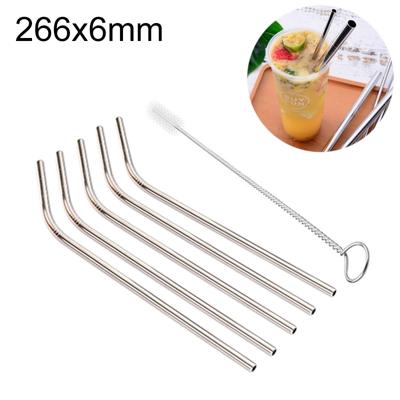 5 stuks herbruikbare RVS gebogen drinken stro + Cleaner borstel set Kit 266 * 6mm (zilver)