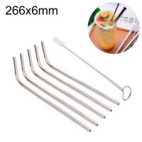 5 stuks herbruikbare RVS gebogen drinken stro + Cleaner borstel set Kit 266 * 6mm (zilver)