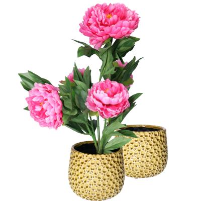 Plantenpot/bloempot Pebblo - 2x - keramiek/geglazuurd?- geel - druppels - D17 x H15 cm