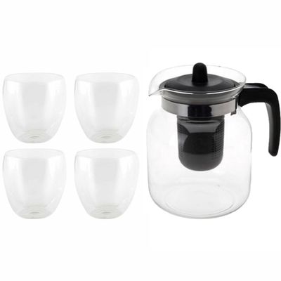 Glazen theepot zwart met filter van 1,5 liter met 4x stuks dubbelwandige theeglazen van 200 ml