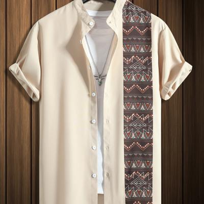 Bon&Bon Men's Geometric Tribal Print Short Sleeve Boho Shirt Khaki / S