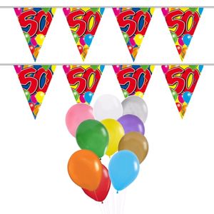 Verjaardag 50 jaar feest thema set 50x ballonnen en 3x leeftijd print vlaggenlijnen