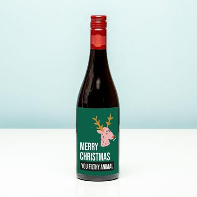 Wijnfles kerst Merry Christmas you filthy animal - Rood (Merlot)