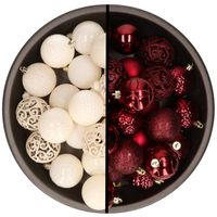 Kerstballen - 74x stuks - wol wit en donkerrood - 6 cm - kunststof - Kerstbal - thumbnail
