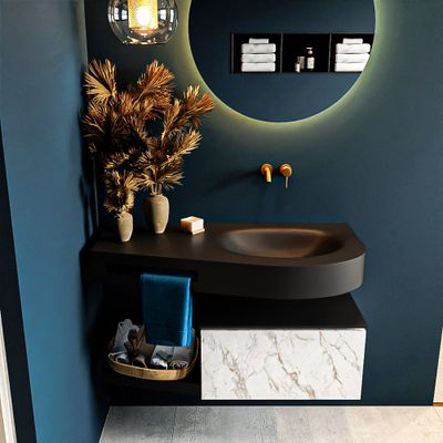 MONDIAZ RIVA 100cm badmeubel onderkast / planchet kleur carrara met 1 lade. Wastafel DULCET rechts 0 kraangaten kleur Urban.