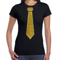 Verkleed t-shirt voor dames - stropdas glitter goud - zwart - carnaval - foute party Verkleed t-shirt voor dames - stropdas glitter goud - zwart - carnaval - foute party