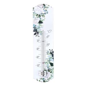 Alma Garden Binnen/buiten thermometer met lentebloemen print - wit - metaal - 29 x 6.5 cm   -