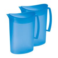 Schenkkan/waterkan met deksel - 2x - blauw - 2 liter - kunststof - L20 x H23 cm