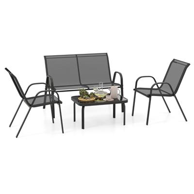 4-delig Patio Metalen Stoelset Modern Stoel- en Tafelset met Stofbekleding Tafelblad van Gehard Glas Grijs