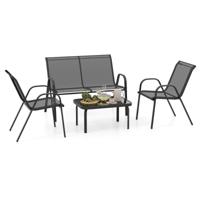 4-delig Patio Metalen Stoelset Modern Stoel- en Tafelset met Stofbekleding Tafelblad van Gehard Glas Grijs