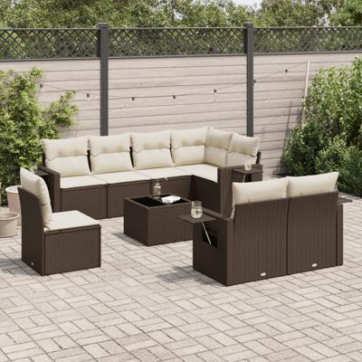 9-delige Loungeset met kussens poly rattan bruin
