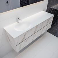 Mondiaz Vica Moon badmeubel wit carrara mat 150 cm 2 lades solid surface enkele spoelbak links 1 kraangat - thumbnail