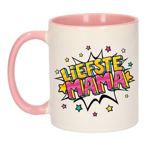 Liefste mama cadeau mok / beker wit en roze 300 ml