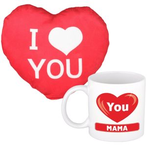 I love you Mama mok/beker 300 ml incl. sierkussentje hart vorm 15 cm