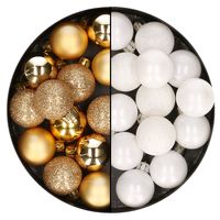 28x stuks kleine kunststof kerstballen wit en goud 3 cm - thumbnail