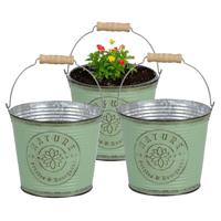 Plantenpot/bloempot emmer voor buiten - 3x - zink - jadegroen - D17 x H14 cm