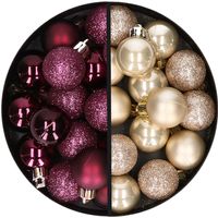 34x stuks kunststof kerstballen aubergine paars en champagne 3 cm - thumbnail