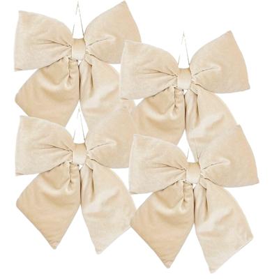 Kerst strik ornament - 4x - creme - 30 x 34 cm - polyester velvet - kerststrik - kerstversiering
