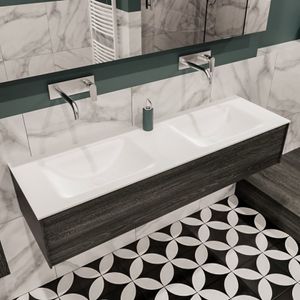 Mondiaz Lush Cloud badmeubel eiken donker bruin 150 cm 1 lade solid surface dubbele spoelbak zonder kraangat