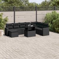 9-delige Loungeset met kussens poly rattan zwart