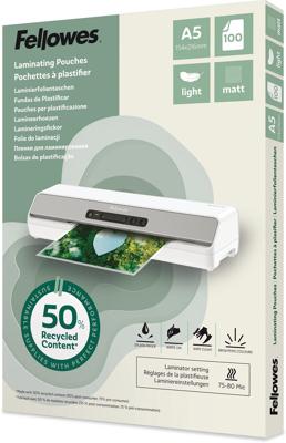 Fellowes lamineerhoes 50 % gerecycleerd, mat, ft A5, pak van 100 stuks