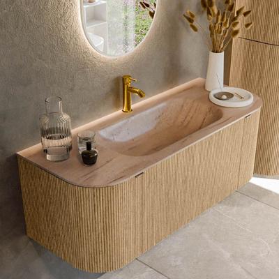 Badmeubel Mondiaz Kurve-Dlux | 120 cm | Meubelkleur Oak | Wastafelkleur Saba | Solid surface | Wasbak midden spoelbak | 1 kraangat