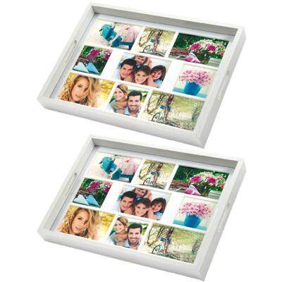 Foto dienblad - 2x stuks - wit - 45 x 35 cm - hout/glas - voor 9 foto's in diverse maten