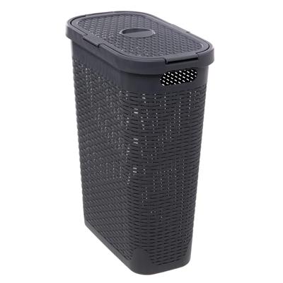 Smalle Wasmand met deksel Rotan - donkergrijs - gevlochten kunststof - 40 liter - 26 x 46 x 60 cm