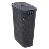 Smalle Wasmand met deksel Rotan - donkergrijs - gevlochten kunststof - 40 liter - 26 x 46 x 60 cm