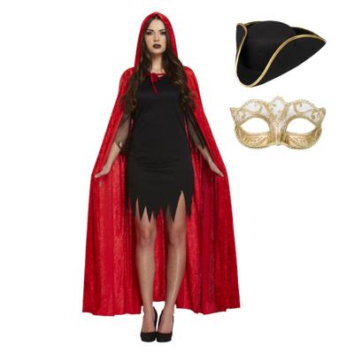 Carnaval gemaskerd bal verkleedset - Oogmasker goud - Mantel rood - driesteek hoed - volwassenen
