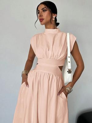 Women's White High Waist Midi Dress - Elegant Stand Collar Pocket Dusty Pink / XS