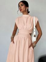 Women's White High Waist Midi Dress - Elegant Stand Collar Pocket Dusty Pink / XS