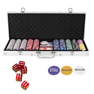 500 Stuks Casino Poker Set met Fiches & Speelkaarten & Dobbelstenen & Dealer Fiches & Tafelkleed Zilver