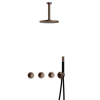 Hotbath Cobber - CB7067 - Inbouw Regendoucheset - Verouderd Messing - 2 Stopkranen - Thermostatisch - Plafondbuis 15 cm - Hoofddouche 200 mm - Staafhanddouche - Waterbesparend