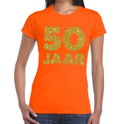 50 jaar verjaardag t-shirt - oranje - voor dames - gouden glitter print - jubileum