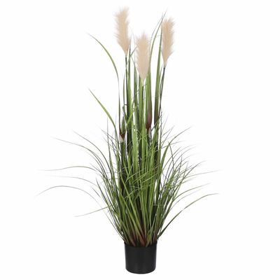 Kunstgras/gras kunstplant met pluimen - groen/creme H120 x D45 cm - op stevige plug