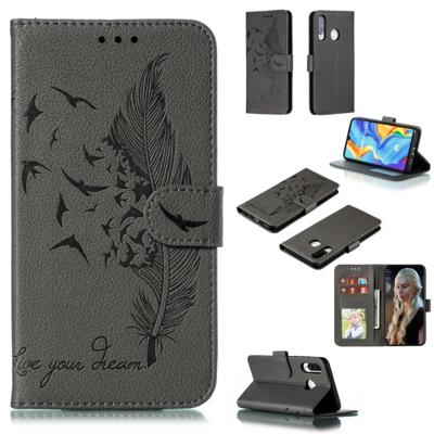 Feather patroon Litchi textuur horizontale Flip lederen draagtas met portemonnee & houder & kaartsleuven voor Huawei P30 Lite (grijs)