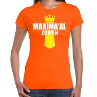 Koningsdag t-shirt Maximaal zuipen met kroontje oranje voor dames - thumbnail