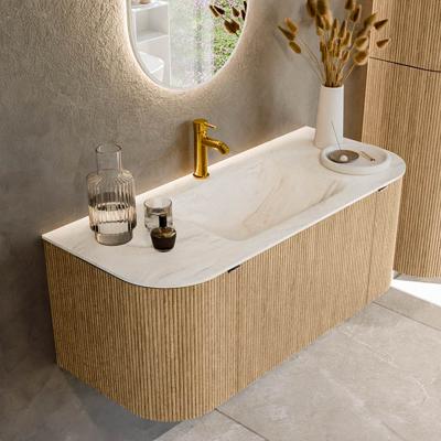 Badmeubel Mondiaz Kurve-Dlux | 110 cm | Meubelkleur Oak | Wastafelkleur Ostra | Solid surface | Midden spoelbak | 1 kraangat