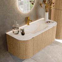 Badmeubel Mondiaz Kurve-Dlux | 110 cm | Meubelkleur Oak | Wastafelkleur Ostra | Solid surface | Midden spoelbak | 1 kraangat Badmeubel Mondiaz Kurve-Dlux | 110 cm | Meubelkleur Oak | Wastafelkleur Ostra | Solid surface | Midden spoelbak | 1 kraangat