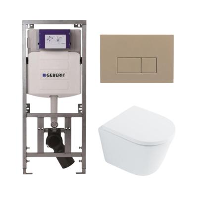 QeramiQ Dely Toiletset - 36.3x51.7cm - diepspoel - rimless - Geberit UP320 Burda inbouwreservoir - softclose toilet zitting 35 mm - bedieningsplaat taupe - rechthoekige knoppen - wit glans SW1026255 / SW1159505/0701131/SW1102379